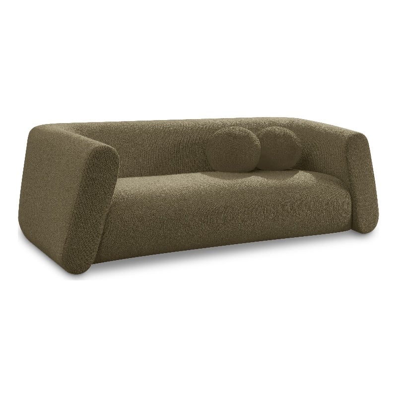 Pemberly Row Contemporary Boucle Fabric Sofa with Ball Pillow in Olive Green