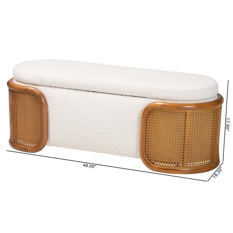 Pemberly Row Cream Boucle Fabric Storage Bench with Woven Rattan