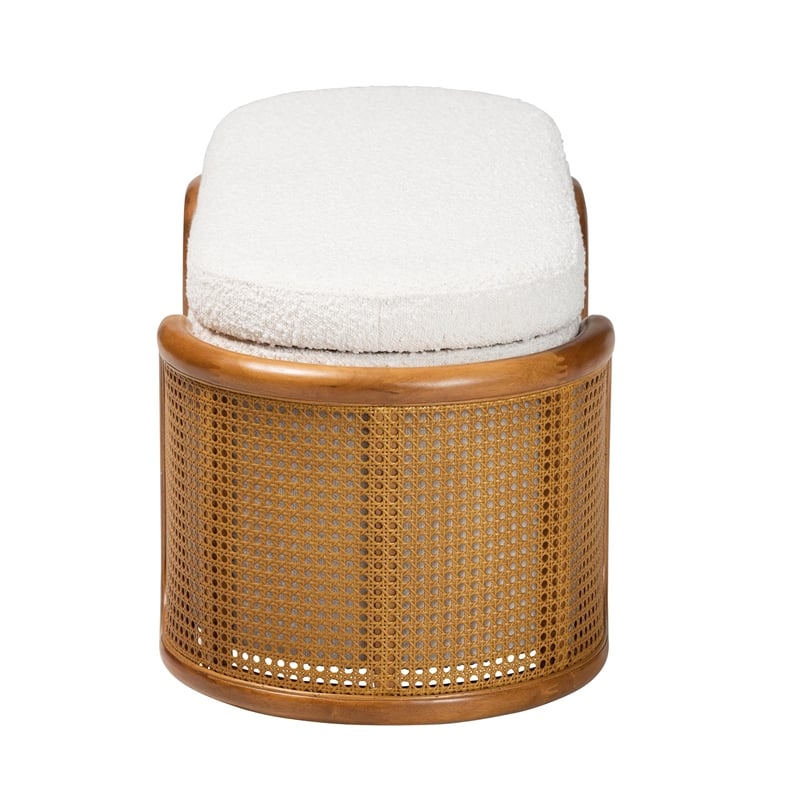 Pemberly Row Cream Boucle Fabric Storage Bench with Woven Rattan