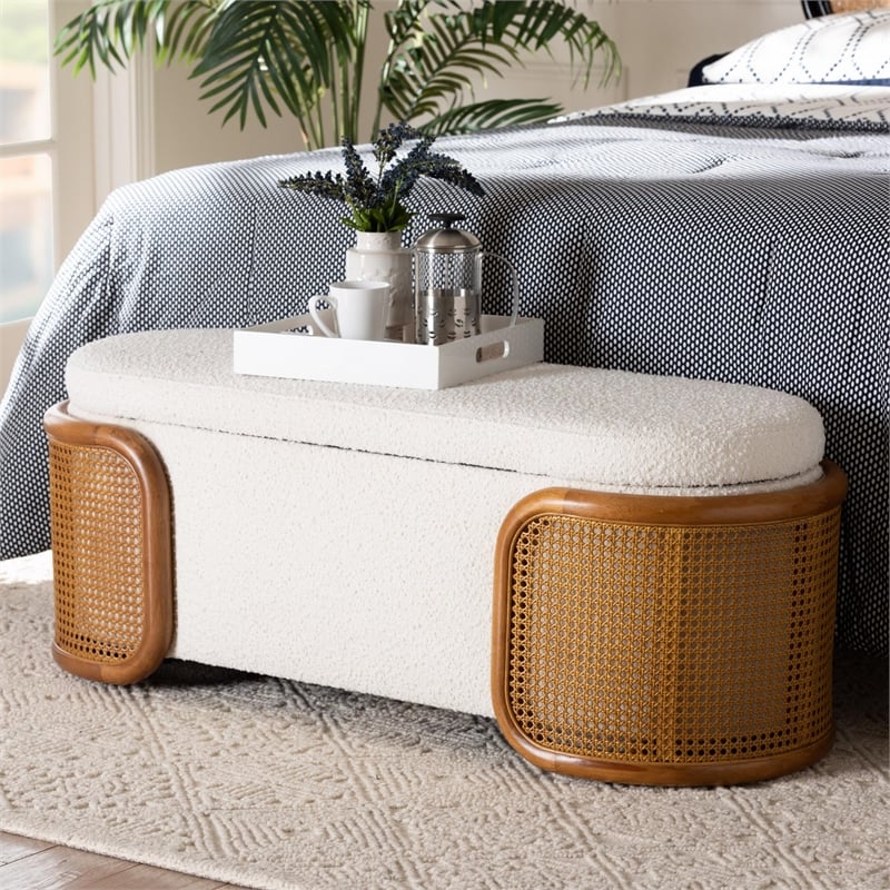 Pemberly Row Cream Boucle Fabric Storage Bench with Woven Rattan