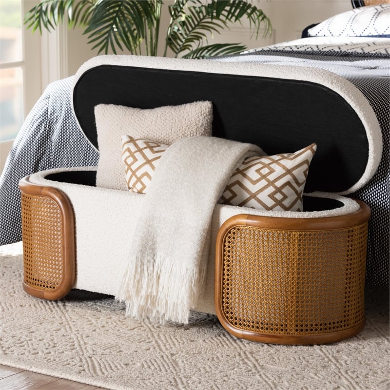 Pemberly Row Cream Boucle Fabric Storage Bench with Woven Rattan