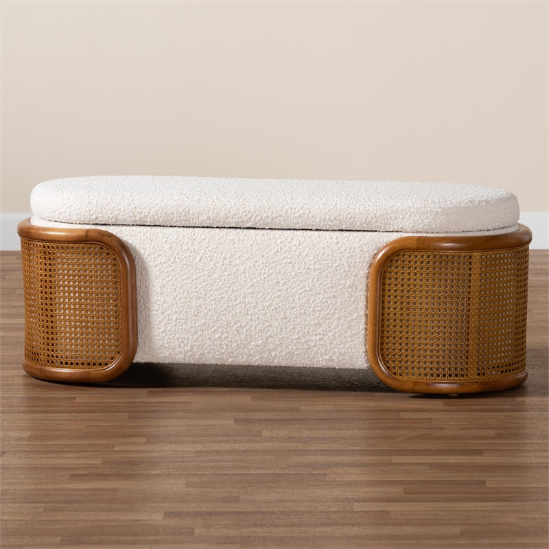 Pemberly Row Cream Boucle Fabric Storage Bench with Woven Rattan