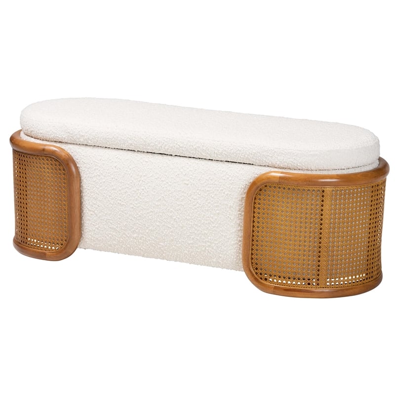 Pemberly Row Cream Boucle Fabric Storage Bench with Woven Rattan