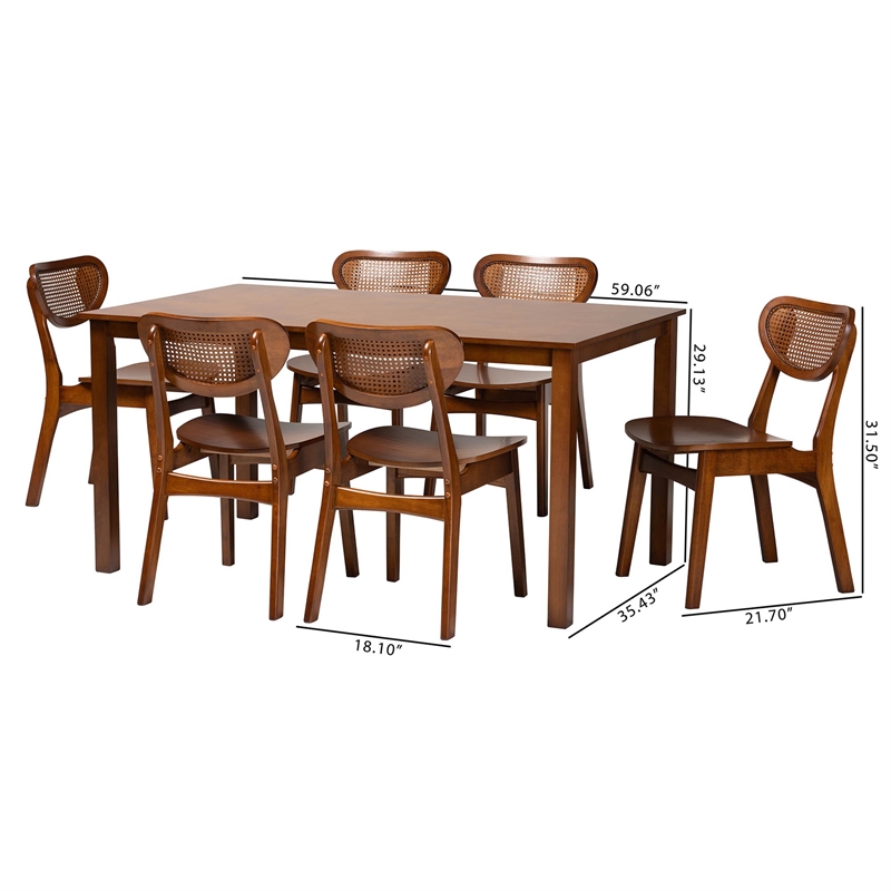 Pemberly Row Walnut Brown Wood and Woven Rattan 7-Piece Dining Set