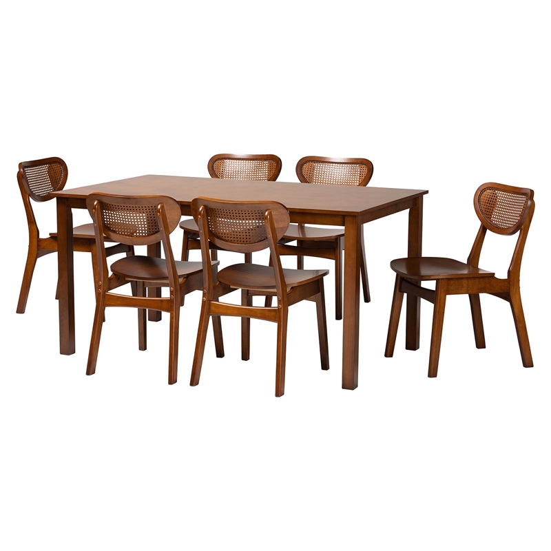 Pemberly Row Walnut Brown Wood and Woven Rattan 7-Piece Dining Set