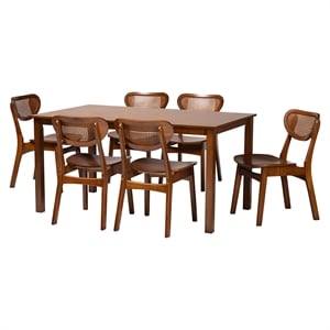 Pemberly Row Walnut Brown Wood and Woven Rattan 7-Piece Dining Set