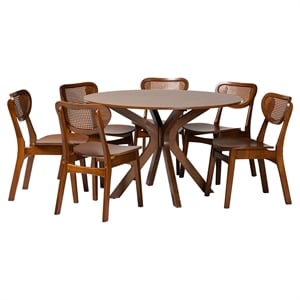 Pemberly Row Walnut Brown Wood and Woven Rattan 7-Piece Dining Set