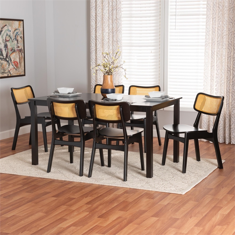 Pemberly Row Dark Brown Finished Wood and Rattan 7-Piece Dining Set