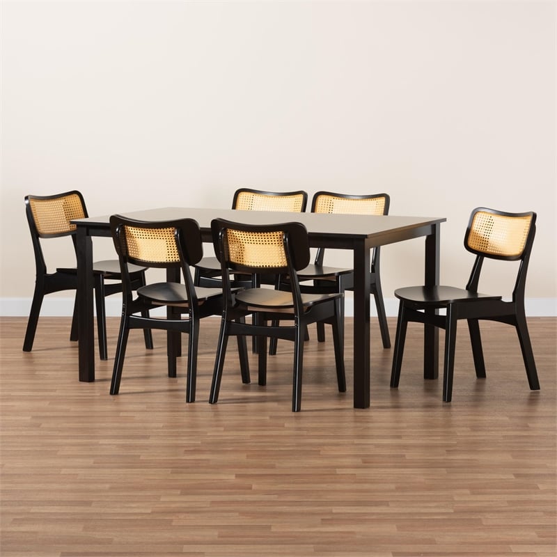 Pemberly Row Dark Brown Finished Wood and Rattan 7-Piece Dining Set