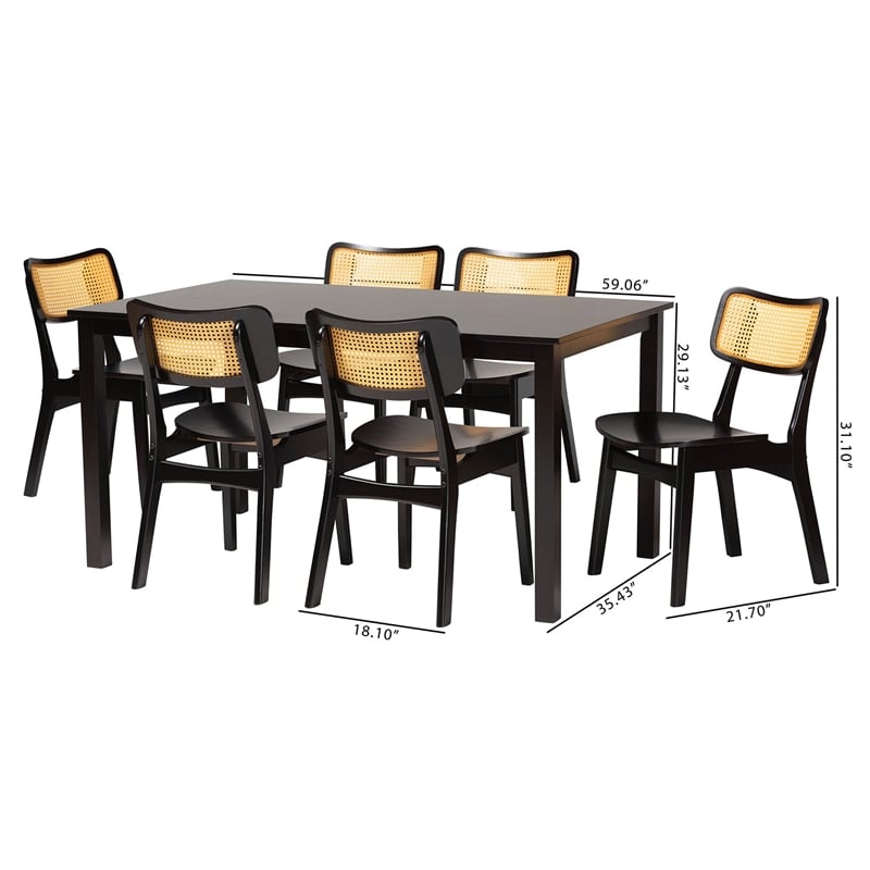 Pemberly Row Dark Brown Finished Wood and Rattan 7-Piece Dining Set