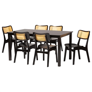Pemberly Row Dark Brown Finished Wood and Rattan 7-Piece Dining Set
