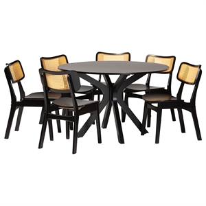 Pemberly Row Dark Brown Finished Wood and Rattan 7-Piece Dining Set