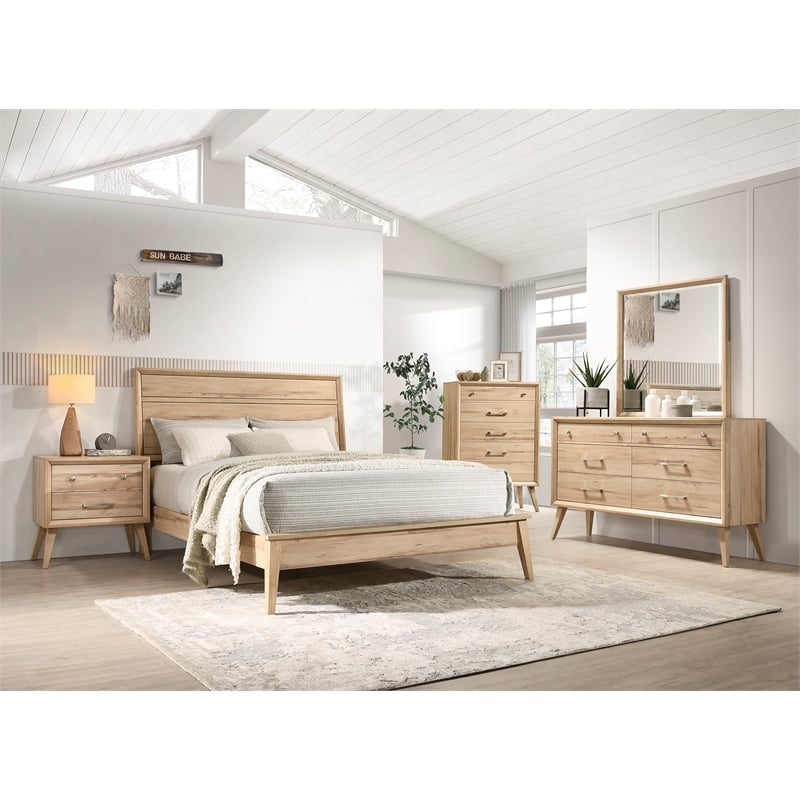 Pemberly Row Contemporary Wood Queen Panel Bed in Natural Oak