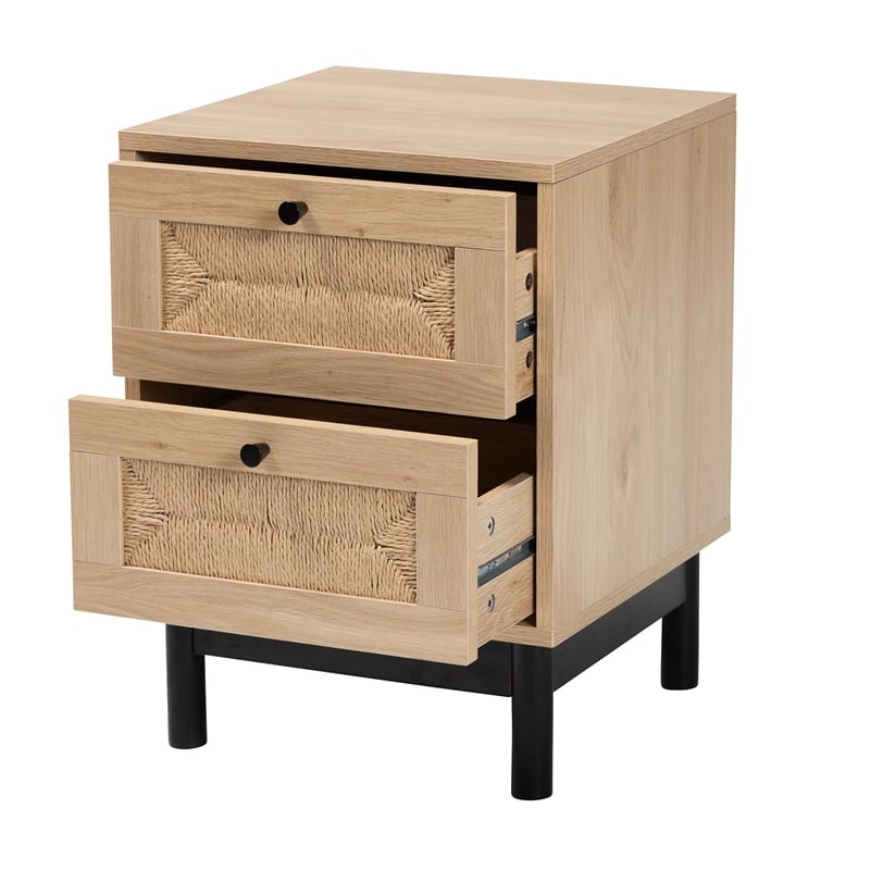 Pemberly Row 2-Drawer Mid-Century Wood End Table in Light Brown/Black