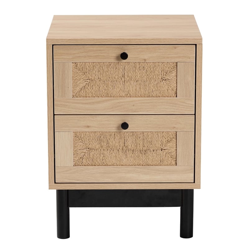 Pemberly Row 2-Drawer Mid-Century Wood End Table in Light Brown/Black