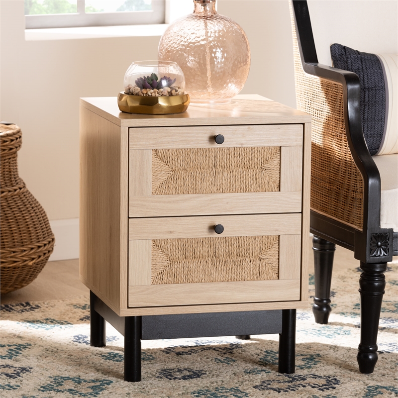 Pemberly Row 2-Drawer Mid-Century Wood End Table in Light Brown/Black
