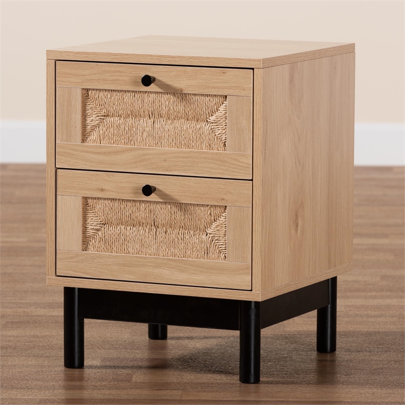 Pemberly Row 2-Drawer Mid-Century Wood End Table in Light Brown/Black