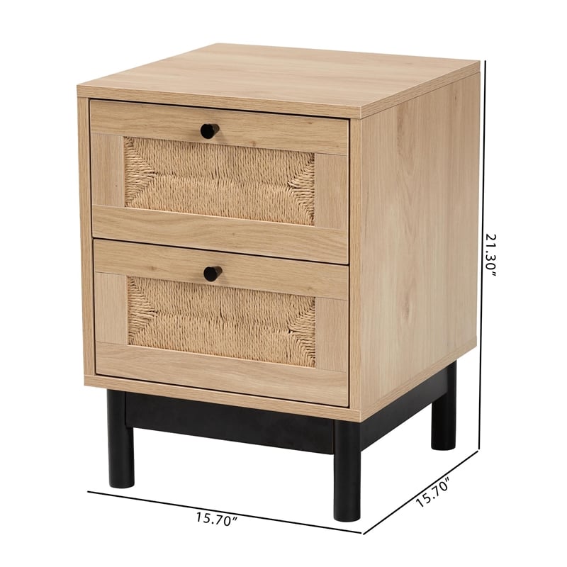Pemberly Row 2-Drawer Mid-Century Wood End Table in Light Brown/Black