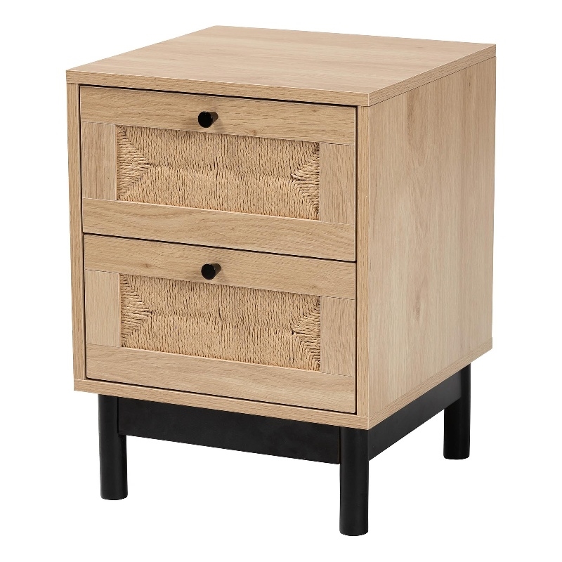 Pemberly Row 2-Drawer Mid-Century Wood End Table in Light Brown/Black