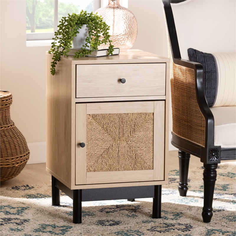 Pemberly Row 1-Drawer Mid-Century Wood End Table in Light Brown/Black