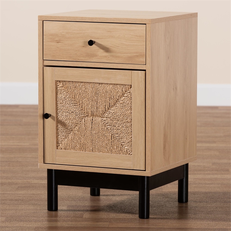 Pemberly Row 1-Drawer Mid-Century Wood End Table in Light Brown/Black
