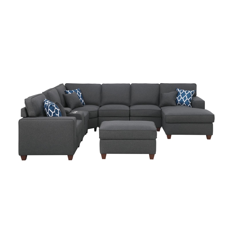Pemberly Row 8-Piece Fabric Upholstered Sectional w/ Console & Chaise-Dark Gray