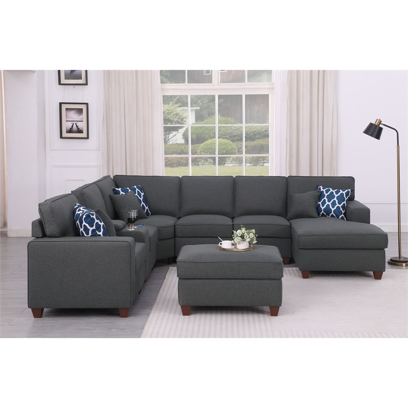 Pemberly Row 8-Piece Fabric Upholstered Sectional w/ Console & Chaise-Dark Gray