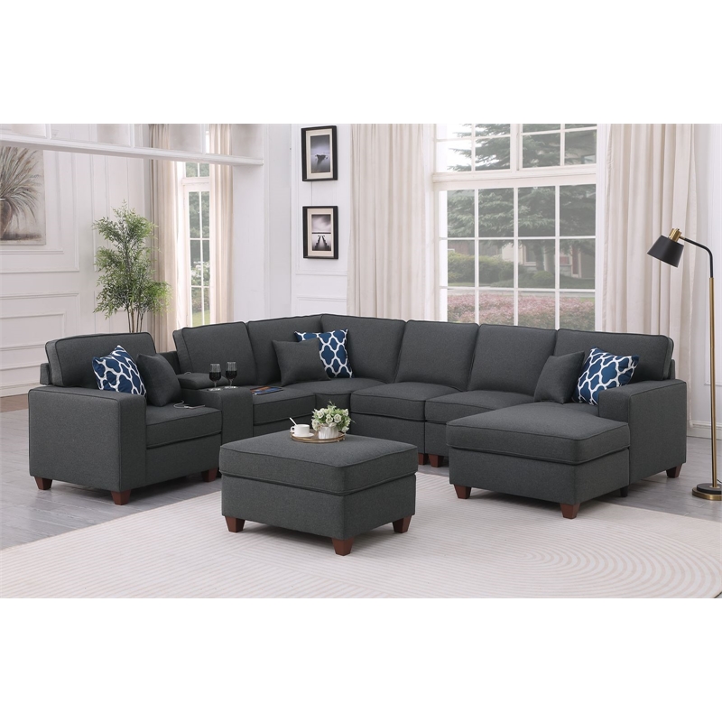 Pemberly Row 8-Piece Fabric Upholstered Sectional w/ Console & Chaise-Dark Gray