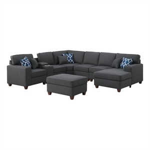 Pemberly Row 8-Piece Fabric Upholstered Sectional w/ Console & Chaise-Dark Gray