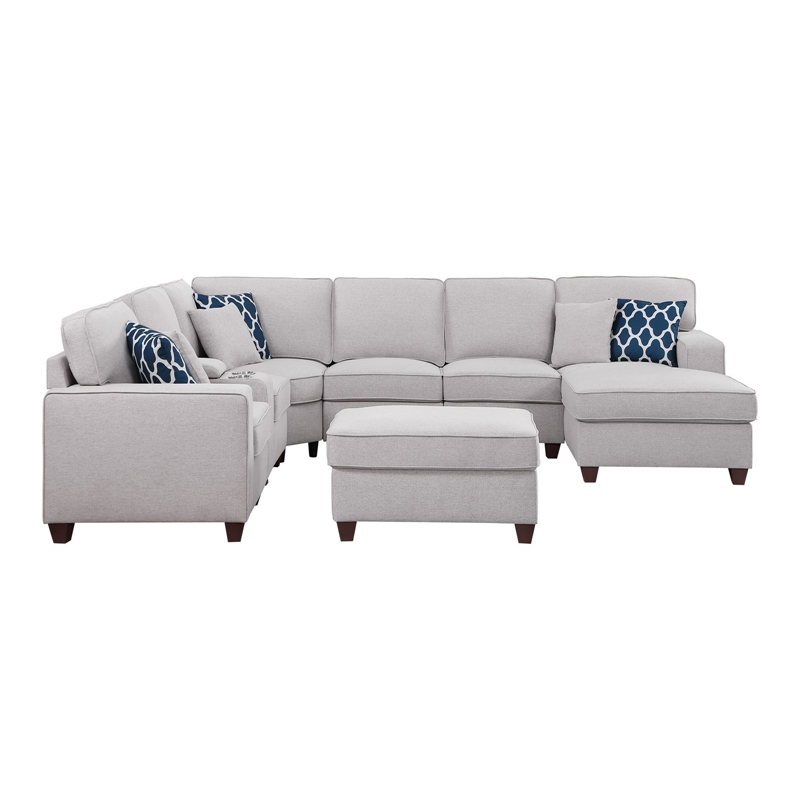 Pemberly Row 8-Piece Fabric Upholstered Sectional w/ Console & Chaise-Light Gray
