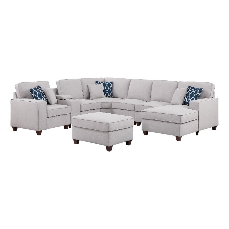 Pemberly Row 8-Piece Fabric Upholstered Sectional w/ Console & Chaise-Light Gray