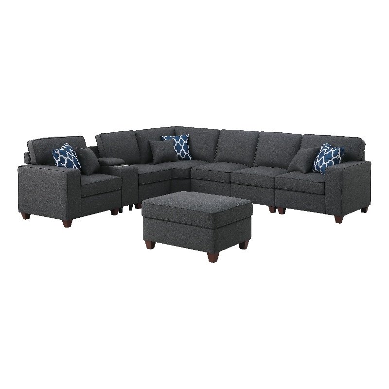 Pemberly Row 8-Piece Fabric Upholstered Sectional w/ Console & Ottoman-Dark Gray