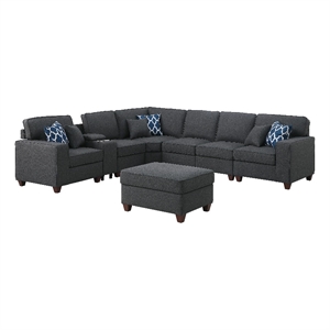 Pemberly Row 8-Piece Fabric Upholstered Sectional w/ Console & Ottoman-Dark Gray
