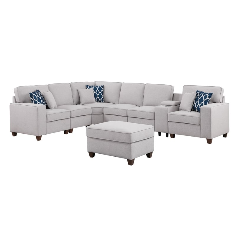 Pemberly Row 8-Pcs Fabric Upholstered Sectional w/ Console & Ottoman-Light Gray