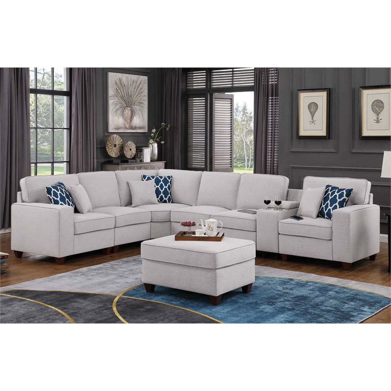 Pemberly Row 8-Pcs Fabric Upholstered Sectional w/ Console & Ottoman-Light Gray