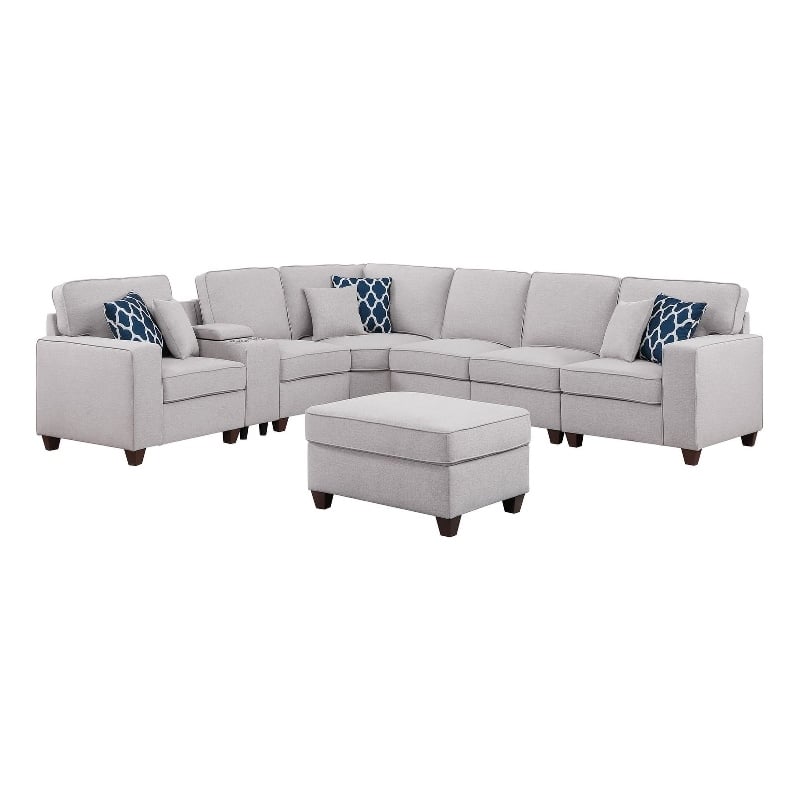 Pemberly Row 8-Pcs Fabric Upholstered Sectional w/ Console & Ottoman-Light Gray