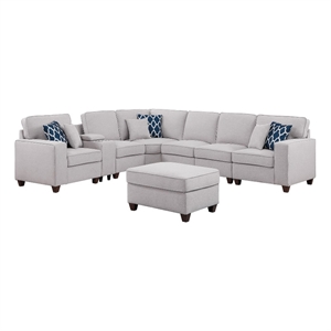 Pemberly Row 8-Pcs Fabric Upholstered Sectional w/ Console & Ottoman-Light Gray