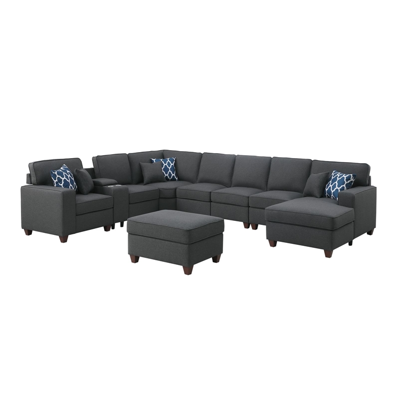 Pemberly Row 9-Piece Fabric Upholstered Sectional w/ Chaise & Console-Dark Gray