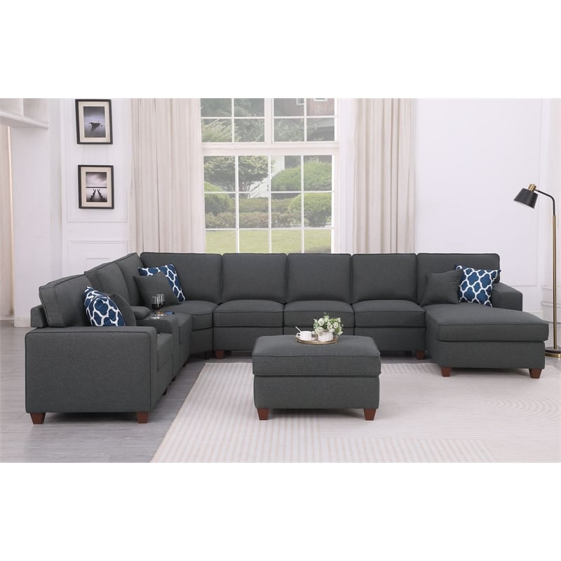 Pemberly Row 9-Piece Fabric Upholstered Sectional w/ Chaise & Console-Dark Gray