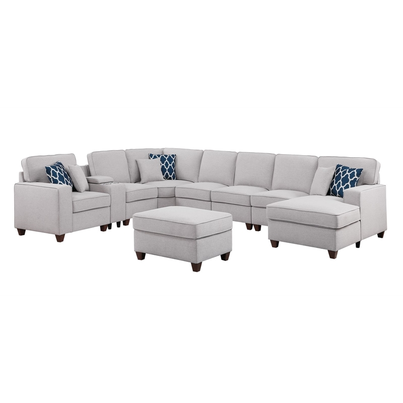 Pemberly Row 9-Piece Fabric Upholstered Sectional w/ Chaise & Console-Light Gray