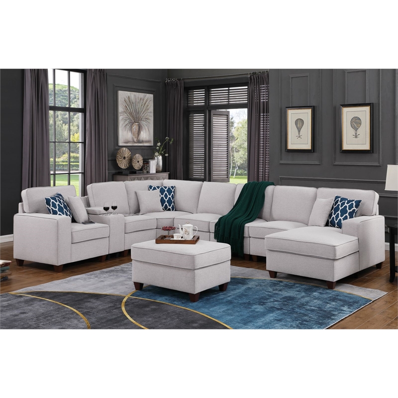 Pemberly Row 9-Piece Fabric Upholstered Sectional w/ Chaise & Console-Light Gray