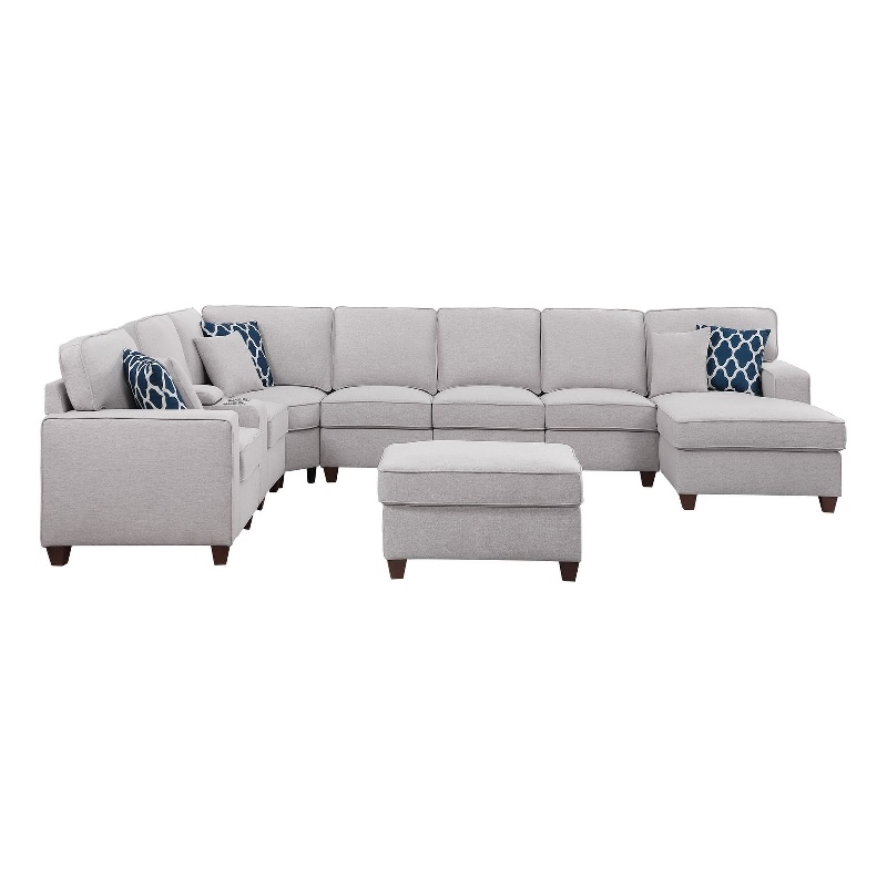 Pemberly Row 9-Piece Fabric Upholstered Sectional w/ Chaise & Console-Light Gray