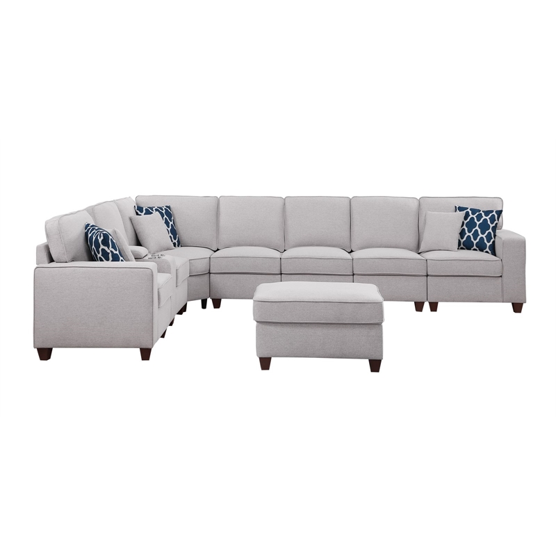Pemberly Row 9-Pcs Fabric Upholstered Sectional w/ Console & Ottoman-Light Gray