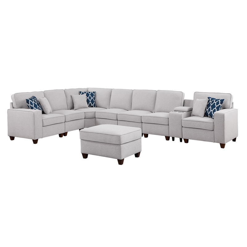 Pemberly Row 9-Pcs Fabric Upholstered Sectional w/ Console & Ottoman-Light Gray