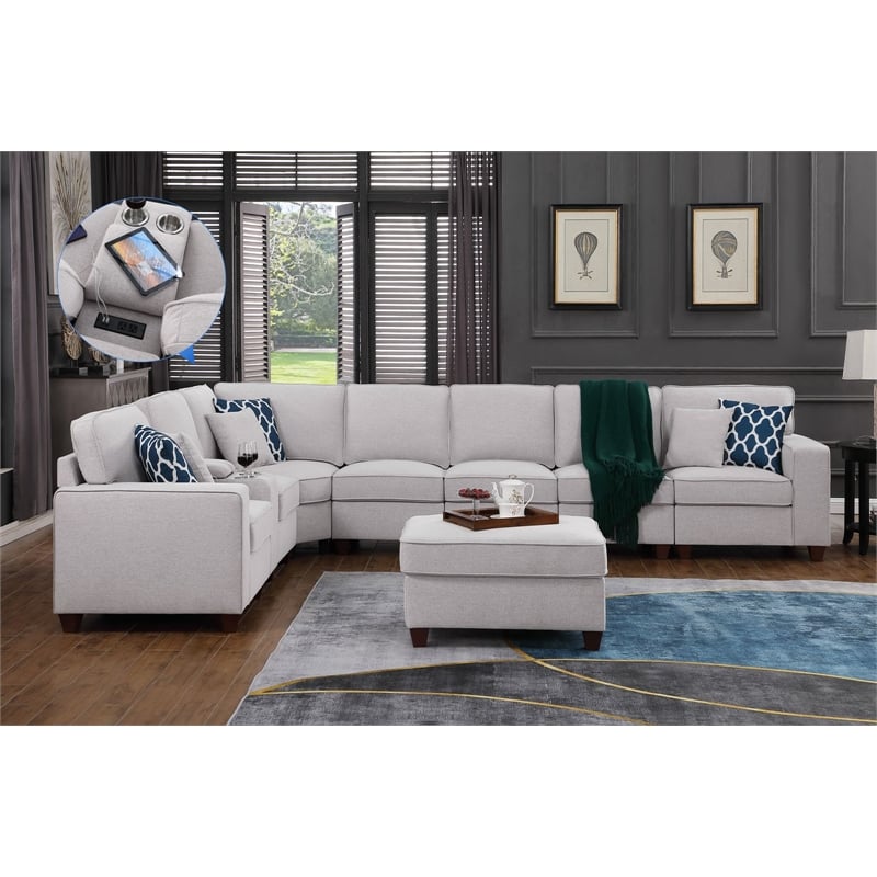 Pemberly Row 9-Pcs Fabric Upholstered Sectional w/ Console & Ottoman-Light Gray