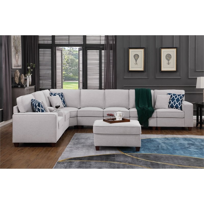 Pemberly Row 9-Pcs Fabric Upholstered Sectional w/ Console & Ottoman-Light Gray