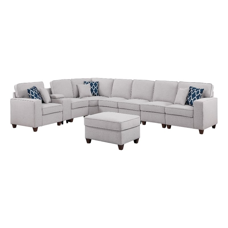 Pemberly Row 9-Pcs Fabric Upholstered Sectional w/ Console & Ottoman-Light Gray