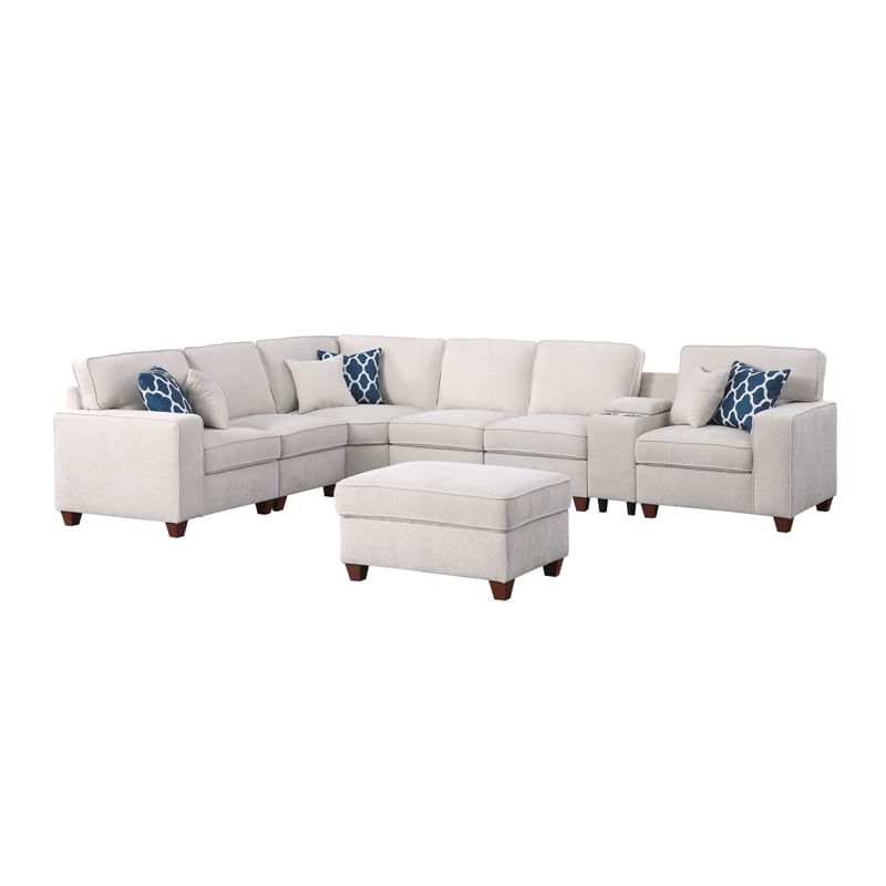 Pemberly Row 8 - Piece Fabric Upholstered Sectional With Console & Ottoman-Beige