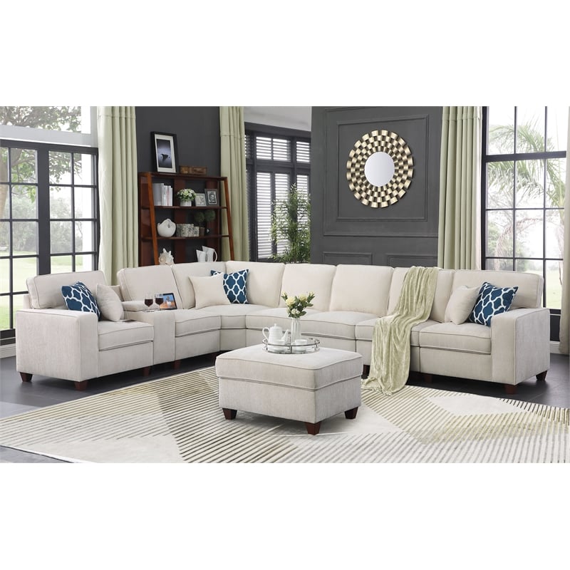 Pemberly Row 9-Piece Fabric Upholstered Sectional With Console & Ottoman-Beige