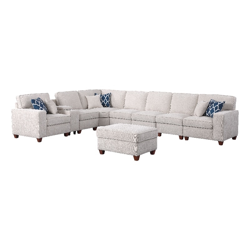 Pemberly Row 9-Piece Fabric Upholstered Sectional With Console & Ottoman-Beige